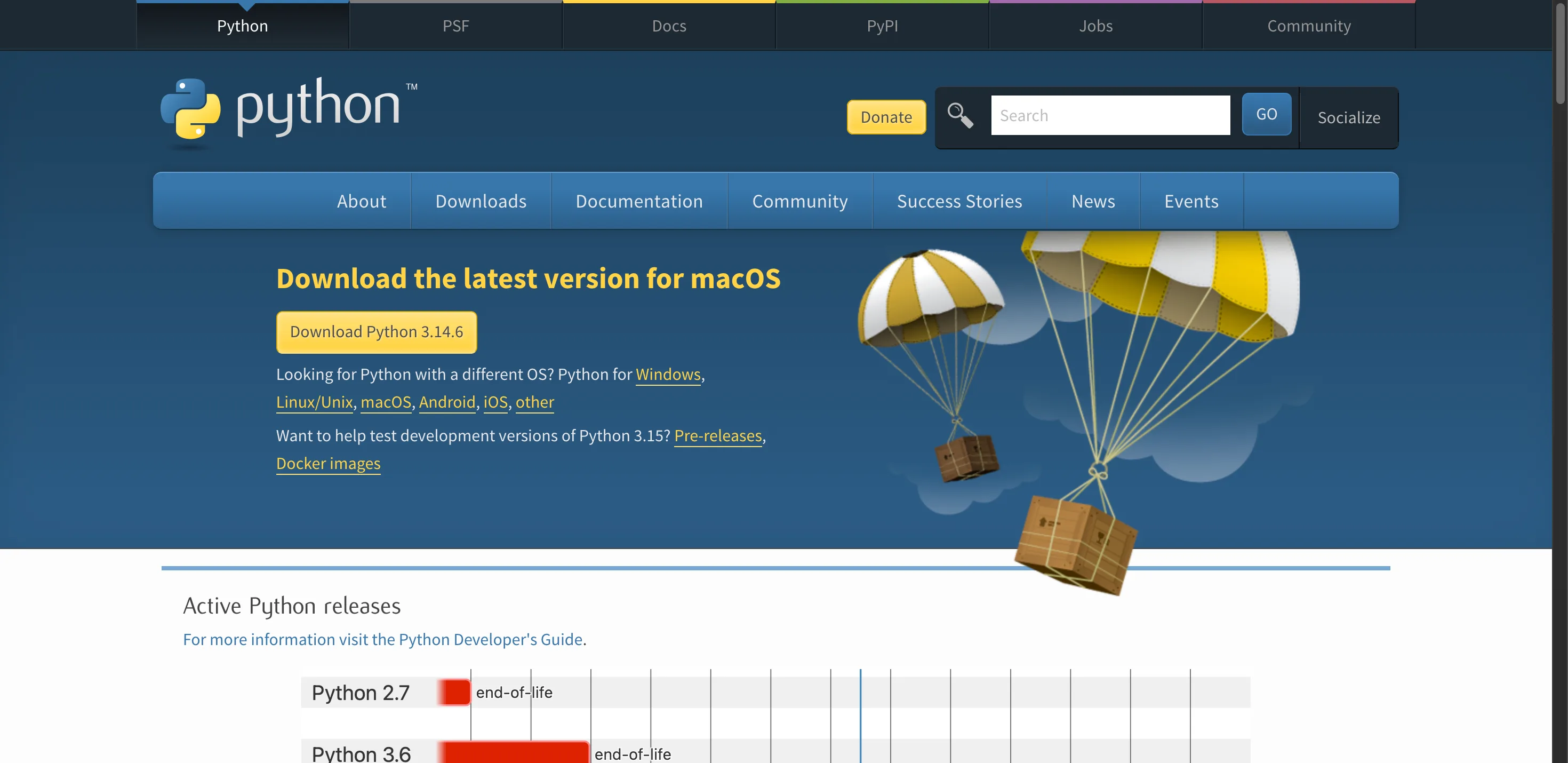 Python.org homepage showing the download button for the latest Python release