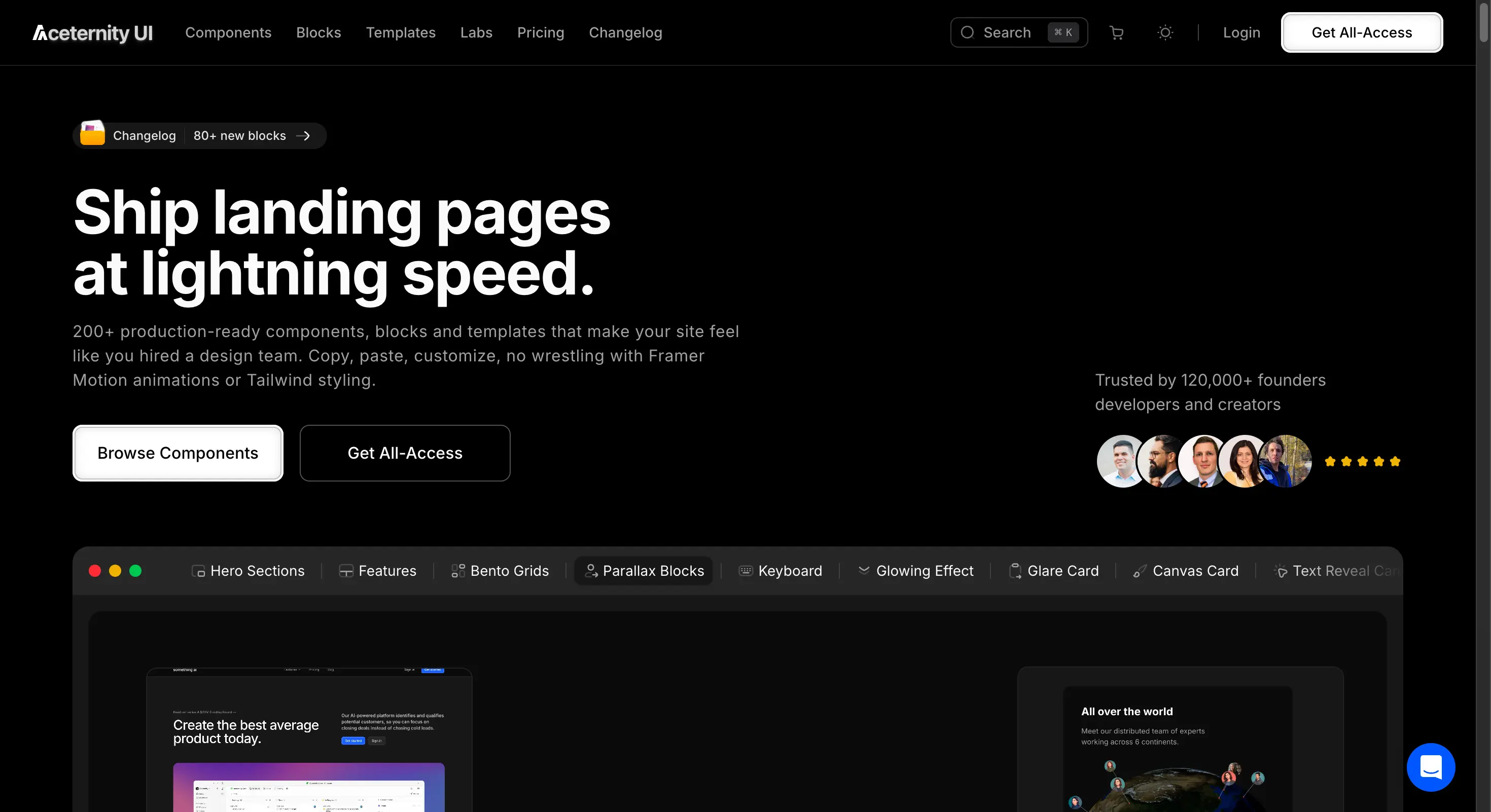 Aceternity UI homepage with animated landing page components