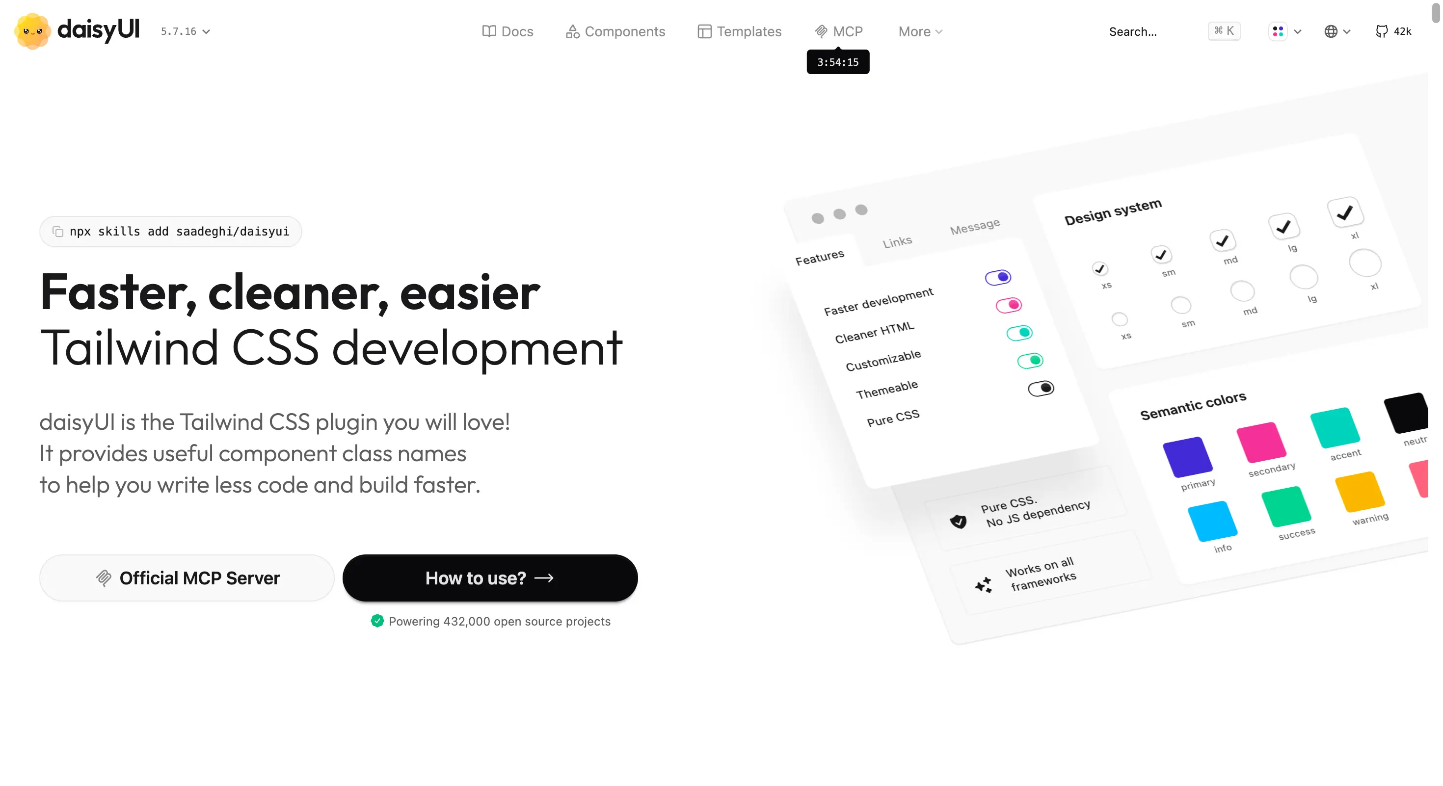 daisyUI homepage showing its pure CSS Tailwind component classes