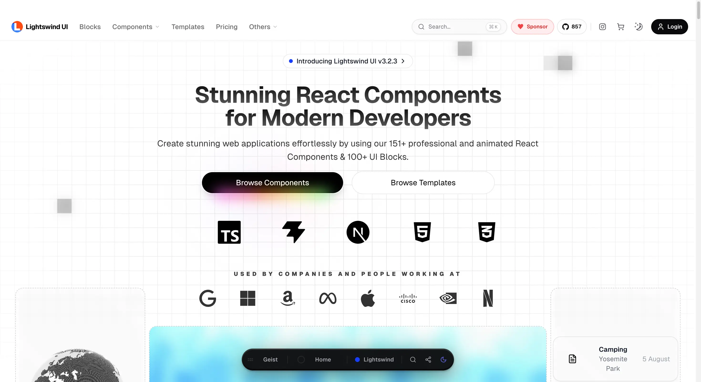 Lightswind UI homepage with its AI native component library