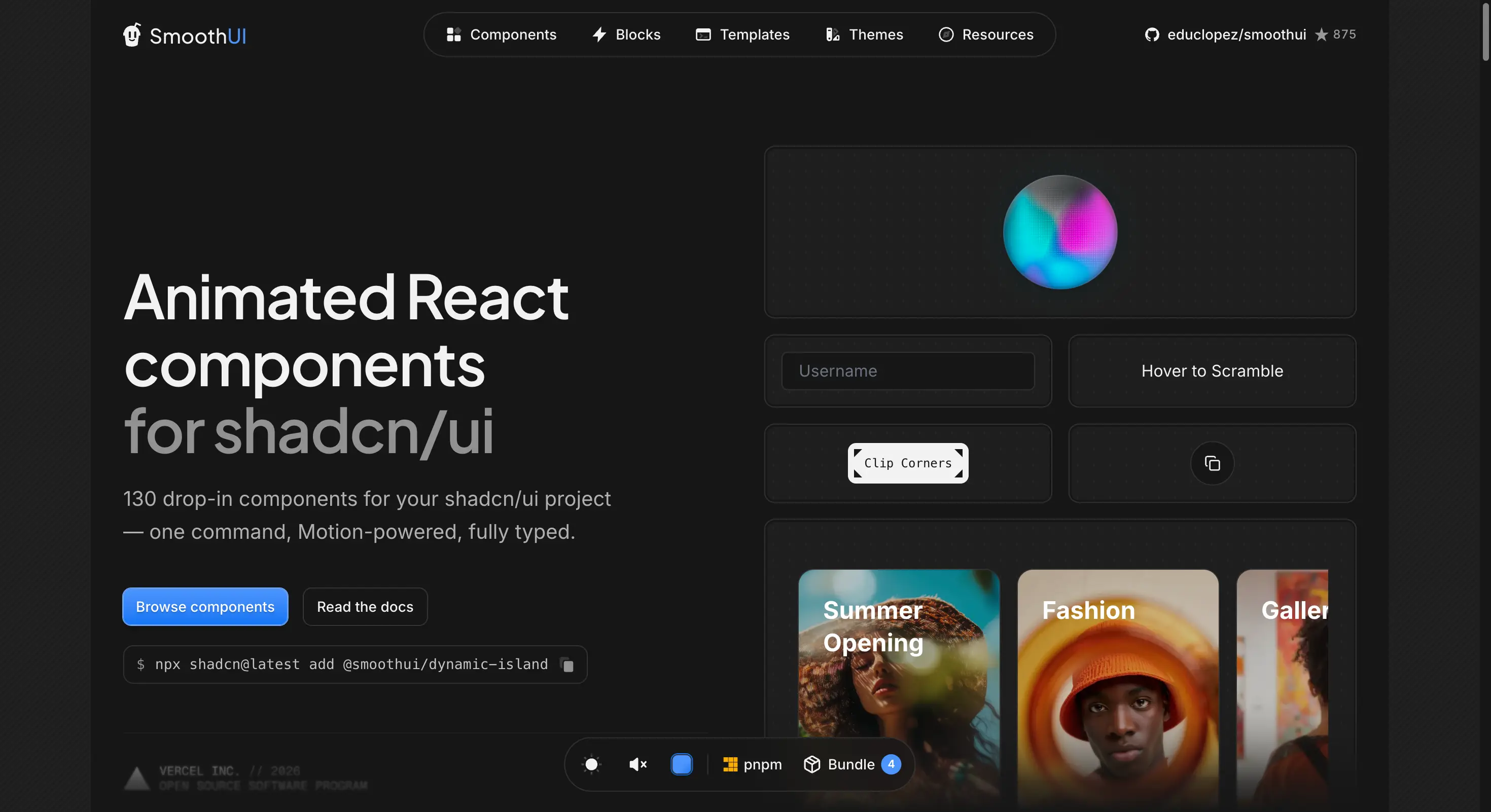 SmoothUI homepage with animated shadcn compatible components