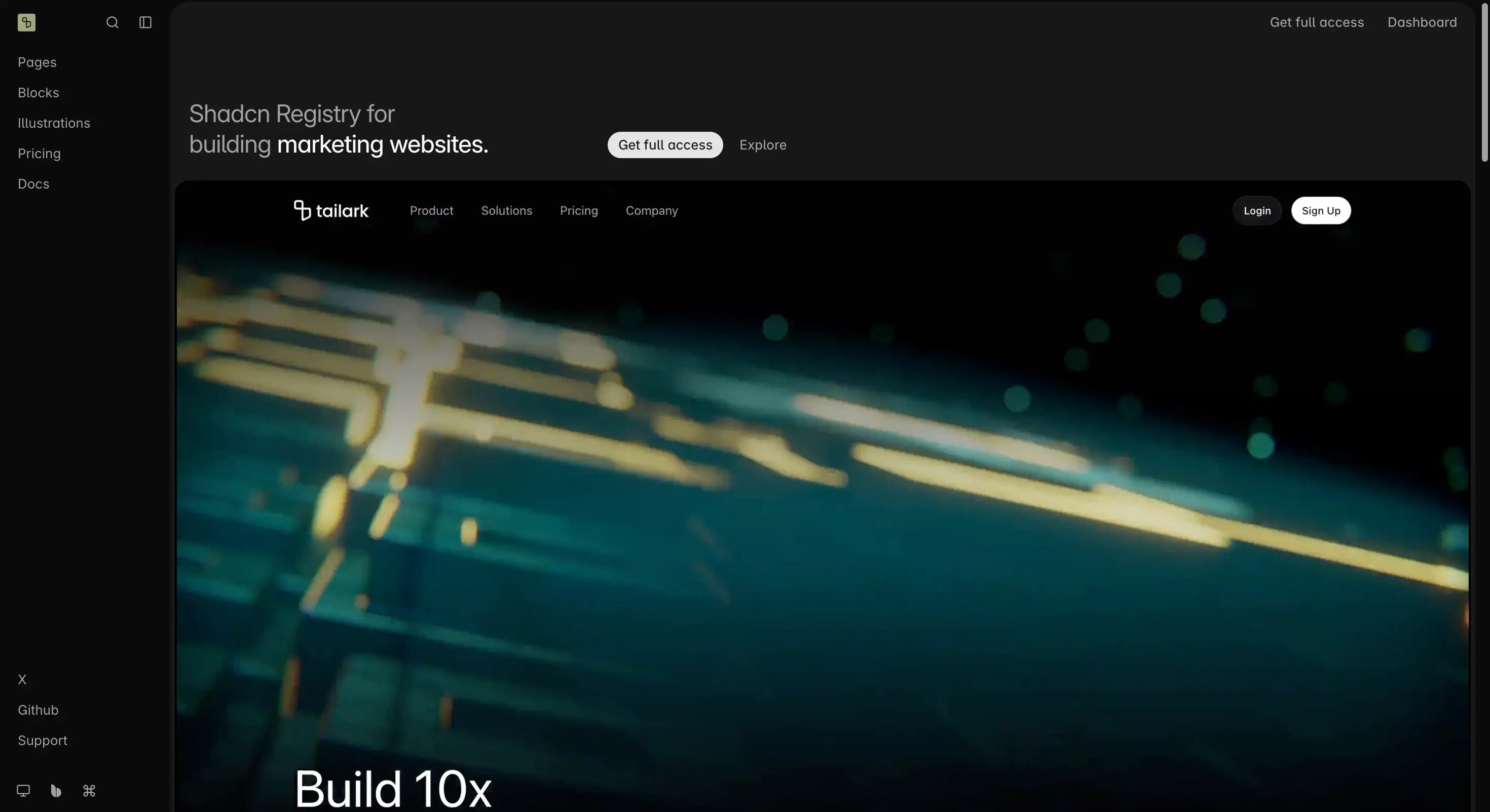 Tailark homepage showing shadcn marketing blocks and page templates