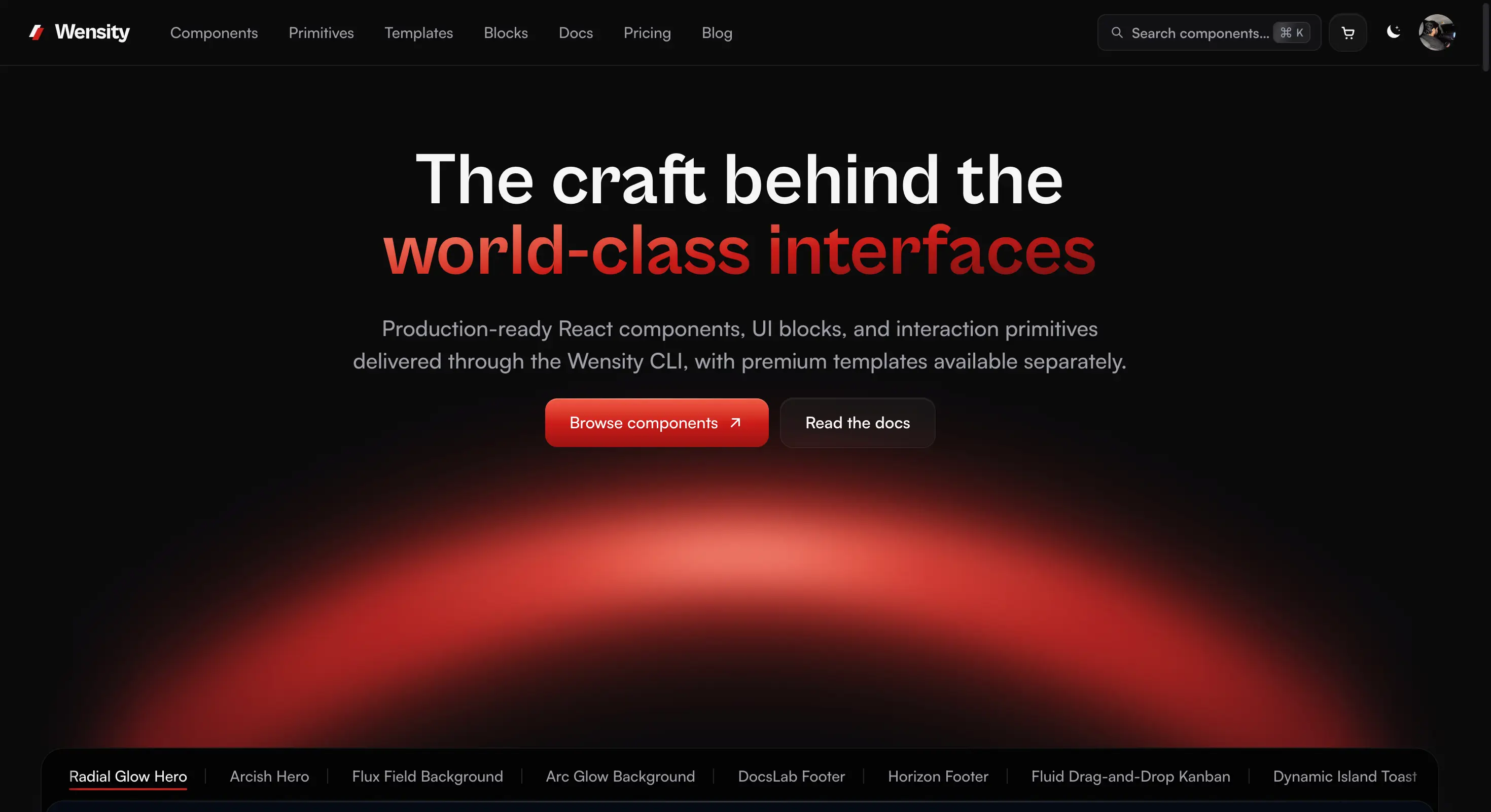 Wensity UI homepage showing its motion rich component catalog